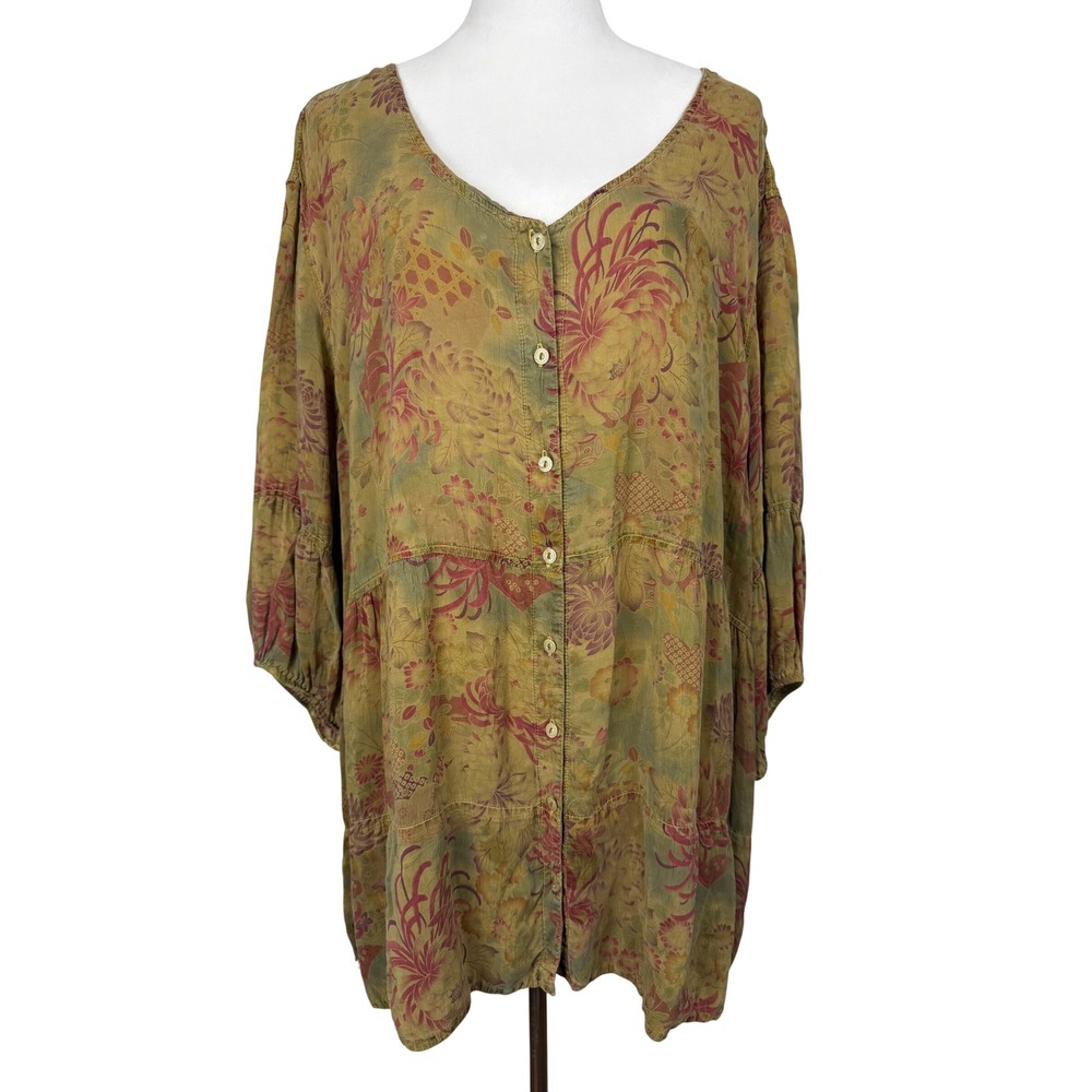 Tianello Women 100% Rayon Tunic 2X Green Floral Button Front Pockets Oversized